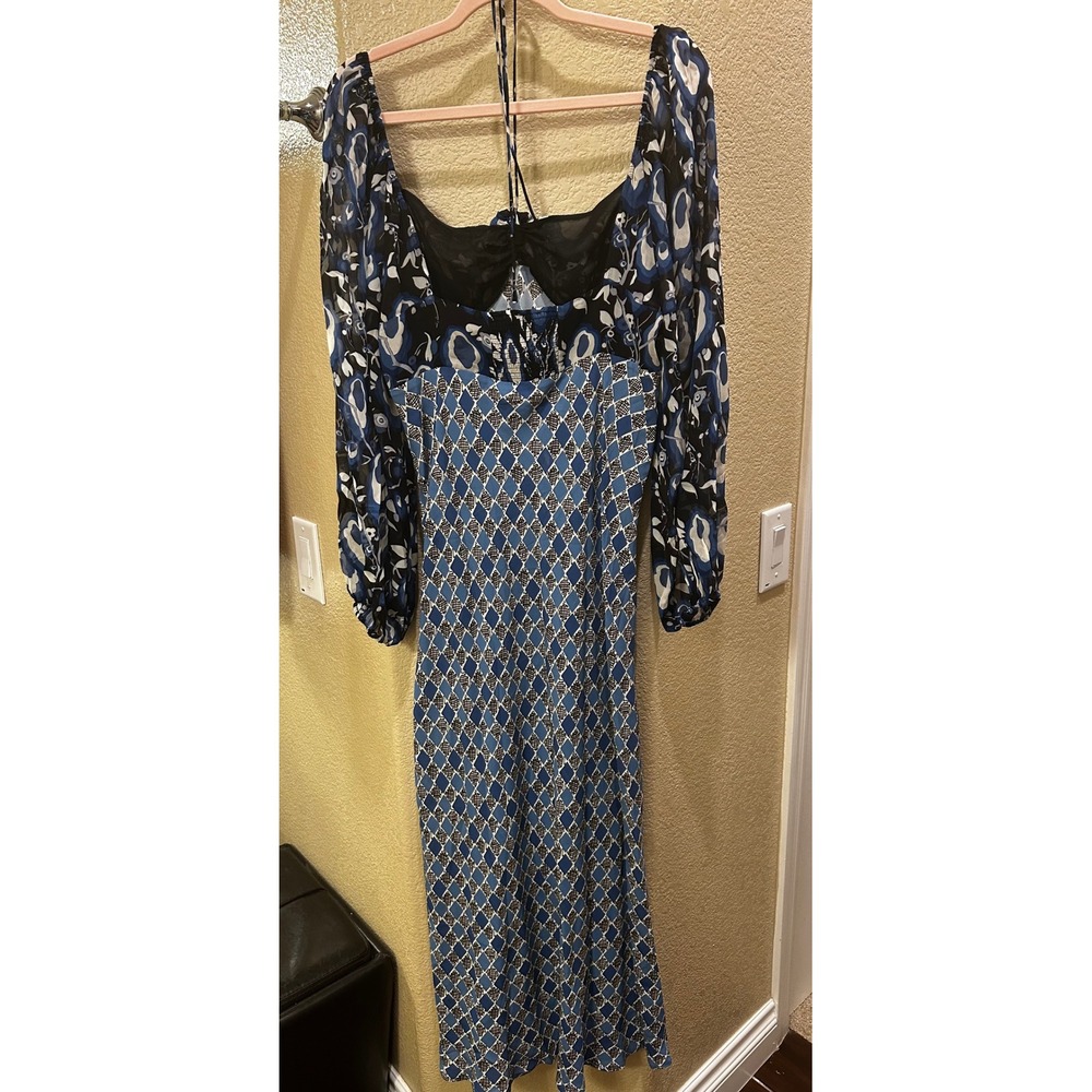 Rixo Jeanie Blue Mixed Print Maxi Dress US 12 Sheer Chiffon Bias Cut Low Back - Picture 6 of 7